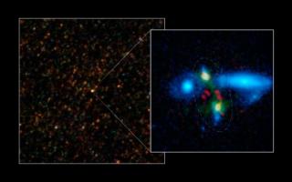 Merging galaxies in the young Universe discovered with Herschel. This image shows the source HXMM01, which was discovered in a survey from ESA's Herschel Space Observatory and comprises a pair of massive and gas-rich galaxies in the process of merging. Th Merging galaxies in the young Universe discovered with Herschel. This image shows the source HXMM01, which was discovered in a survey from ESA's Herschel Space Observatory and comprises a pair of massive and gas-rich galaxies in the process of merging. Th