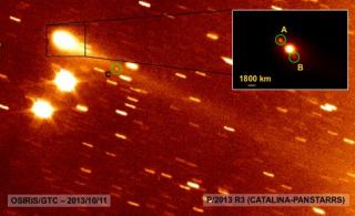 Imagen del MBC P/2013 R3 (CATALINA-PANSTARRS) obtenida con el telescopio GTC el 11 de Octubre pasado. La amplia cola, visible hacia abajo a la derecha contiene el fragmento más pequeño indicado con la letra C. La imagen ampliada de este objeto, que aparec 8235