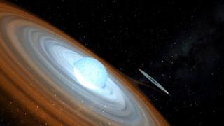 CThe Be star spins at extremely high velocidad, ejecting matter through an equatorial disc. Part of this matter falls on to the black hole forming an accretion disc. Credit: Gabriel Pérez - SMM (IAC) CThe Be star spins at extremely high velocidad, ejecting matter through an equatorial disc. Part of this matter falls on to the black hole forming an accretion disc. Credit: Gabriel Pérez - SMM (IAC)