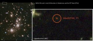 Imagen profunda del cúmulo de galaxias Abell 2744 obtenida con el telescopio espacial Hubble. El recuadro muestra la región alrededor de la galaxia Abell2744_Y1, una de las galaxias más jóvenes del Universo. Crédito: NASA, ESA, and J. Lotz, M. Mountain, A 8251