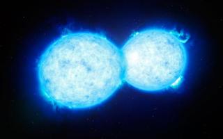 Visión de artista de VFTS 352, el sistema estelar doble más caliente y masivo descubierto hasta la fecha. Las dos estrellas están en contacto y comparten material.Créditos: ESO/L. Calçada 8386