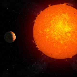 Representación artística del exoplaneta rocoso Próxima b orbitando su estrella, Próxima Centauri.