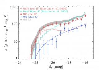 Caption of the figure: The spectroscopic LF of A85 (gray shadow), blue and red diamonds show the LF of blue and red galaxies of A85. The full lines correspond to the Schecter function fits. The histograms are the LF of field red and blue galaxies (Blanton Caption of the figure: The spectroscopic LF of A85 (gray shadow), blue and red diamonds show the LF of blue and red galaxies of A85. The full lines correspond to the Schecter function fits. The histograms are the LF of field red and blue galaxies (Blanton