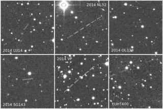 Pie de figura: Conjunto de imágenes del descubrimiento de los NEAs. El campo de visión (FOV) es de 2 x 2 minutos de arco según la orientación normal del cielo. 2014 OL339 puede verse vagamente en la parte superior, mientras que para EUHT400 se incluyen so 7828