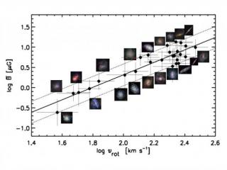 Intensidad del campo magnético a gran escala en galaxias cercanas frente a su velocidad de rotación. 7842