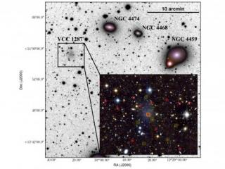 A region of the Virgo cluster of galaxies containing the ultra-diffuse galaxy VCC 1287. The main image is 500 thousand light years across, uses a negative image for contrast, and was obtained with a 10-centimetre diameter amateur telescope in Switzerland A region of the Virgo cluster of galaxies containing the ultra-diffuse galaxy VCC 1287. The main image is 500 thousand light years across, uses a negative image for contrast, and was obtained with a 10-centimetre diameter amateur telescope in Switzerland
