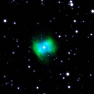 False color image of the planetary nebula NGC 6778. In blue it is shown the emission coming from the O++ faint recombination lines; this image was taken with the blue tunable filter of the OSIRIS instrument at GTC. In green we see the emission coming fro False color image of the planetary nebula NGC 6778. In blue it is shown the emission coming from the O++ faint recombination lines; this image was taken with the blue tunable filter of the OSIRIS instrument at GTC. In green we see the emission coming fro