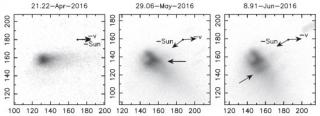 Imágenes apiladas de P/2016 G1 obtenidas con el instrumento OSIRIS utilizando el 10.4m GTC a través del filtro Sloan r′ (se indican la fechas de observación). Norte es arriba y Este a la izquierda. Se muestran las direcciones opuestas al Sol y la negativa 7851