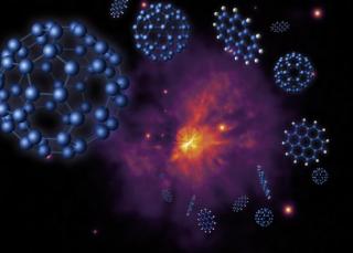 Composición artística de los fullerenos e hidrocarburos policíclicos aromáticos encontrados en una estrella R Corona Borealis rica en hidrógeno. La no detección de estas moléculas en la gran mayoria de estrellas R Coronae Borealis altamente pobres en hidr 7758
