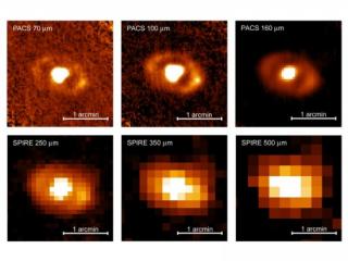 Caption of the figure: Herschel PACS 70, 100, and 160 μm images (top) and SPIRE 250, 350, and 500 μm maps (bottom). North is up and East is to the left. The 11 kpc diameter ring is resolved up to 250 μm. Caption of the figure: Herschel PACS 70, 100, and 160 μm images (top) and SPIRE 250, 350, and 500 μm maps (bottom). North is up and East is to the left. The 11 kpc diameter ring is resolved up to 250 μm.